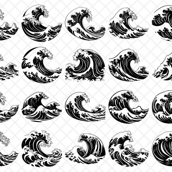 20 The Great Wave of Japan Bundle Art | PNG, EPS, SVG, Dxf| Cricut, Silhouette, Laser Engrave, Sublimation, Decals, Cut File, Stencil,Vector