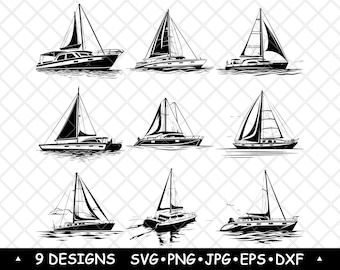 Sailboat Clipart Bundle Vintage Sailing Yacht PNG SVG Nautical Sailboats Set for Stickers, Cricut, Laser Engraving