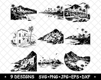 Mediterranean Coastal Village SVG Bundle Seaside Villa Clipart Island Landscapes Laser Engraving Art Print