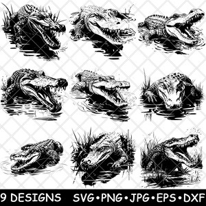 May include: Nine black and white illustrations of alligators in various poses, with some alligators with their mouths open and others with their mouths closed. The alligators are all in a water setting, with some of them surrounded by reeds.