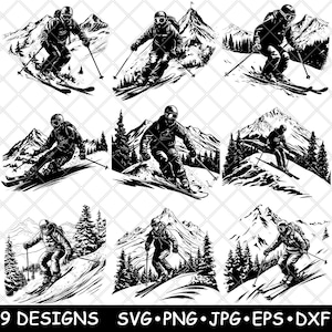 Schnee Ski Alpin Skifahrer Winter Ski Piste Bergrennen Laser-Datei SVG PNG JPG Graustufen Brennen Bild Schnitt Vektor Untersetzer Schwarz Weiß Cnc Holz