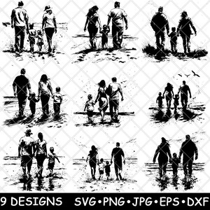 Familienurlaub Strand Szene Eltern Kind Liebe Bindung Laser Datei SVG PNG JPG Graustufen Brennen Bild Schnitt Vektor Untersetzer Schwarz Weiß Cnc Holz