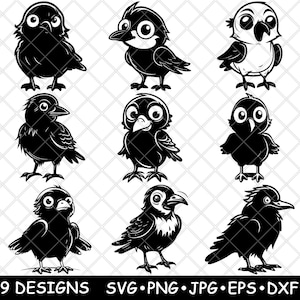 Schattige baby raaf kraai kuiken vogel jonge jongen Cartoon laserbestand SVG PNG JPG grijswaarden afbeelding branden gesneden vector Coaster zwart wit CNC hout