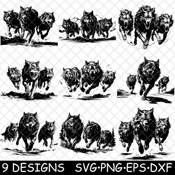 Wolf Attack Charging Pack Hunting Alpha Wildlife Ambush Fierce SVG,DXF,Eps,PNG,Cricut,Silhouette,Cut,Laser,Stencil,Sticker,Clipart,Print