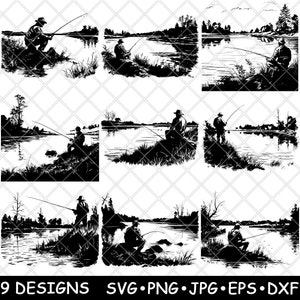 Lac pêche pêcheur pêcheur nature extérieur paysage fichier laser SVG PNG JPG niveaux de gris gravure image coupe vecteur sous-verre noir blanc cnc bois