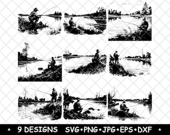 Fishing SVG Bundle Angler Lake Silhouette Clipart Outdoor Sportsman Vector Files Laser Engraving Art