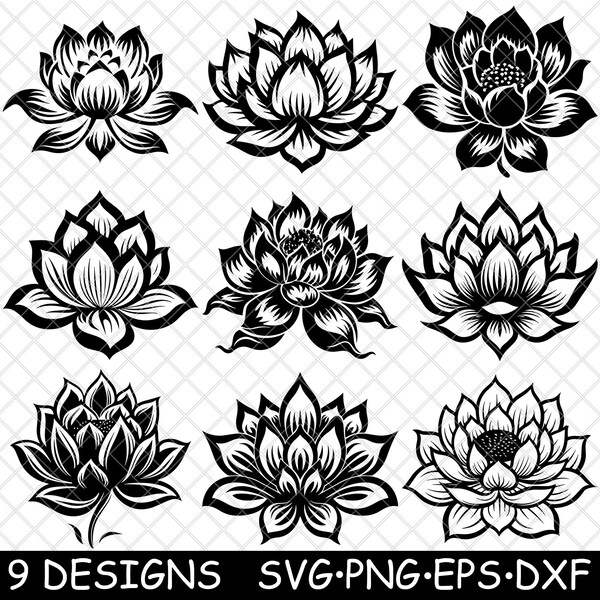 Sacred Blooming Lotus Flower Water Lily Aquatic Plant Coaster Black White Laser File SVG Dxf PNG Glowforge Lightburn Cut Engrave Coaster Cnc