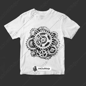 May include: White t-shirt with a black and white graphic of interlocking gears.