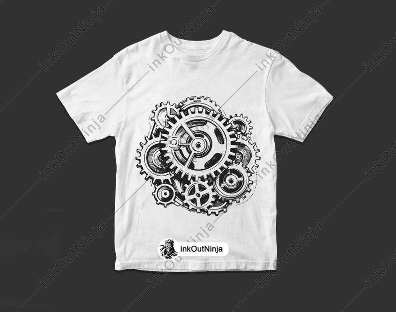 May include: White t-shirt with a black and white graphic of interlocking gears.