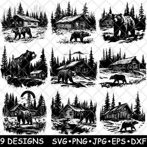 Cabane rustique grizzli pin brun noir chalet en rondins sauvage SVG, Dxf, Eps, PNG, Cricut, Silhouette, Découpe, Laser, pochoir, Thermocollant, Clipart, impression