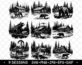Bear and Cabin SVG Bundle | Rustic Forest Wildlife Clipart for Cricut, Laser Engraving & Cabin Decor