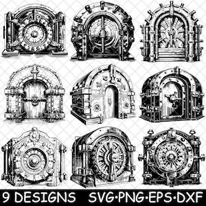 Bankkluis Vintage kluis beveiliging contant geld retro geld juweel laserbestand SVG png jpg grijswaarden afbeelding branden gesneden vector onderzetter zwart wit cnc hout