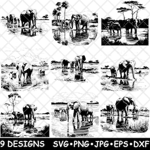 Familia de manadas de elefantes en África, sabana, fauna silvestre, escena de pantano, archivo láser, SVG, PNG, JPG, escala de grises, imagen quemada, corte vectorial, posavasos, blanco y negro, CNC, madera