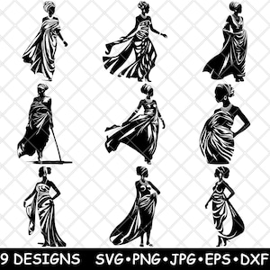 Donna africana Etnica Tradizionale Donna Afrocentrica Femmina Laser File SVG PNG JPG Scala di grigi Brucia Immagine Taglia Vettore Sottobicchiere Nero Bianco Cnc Legno