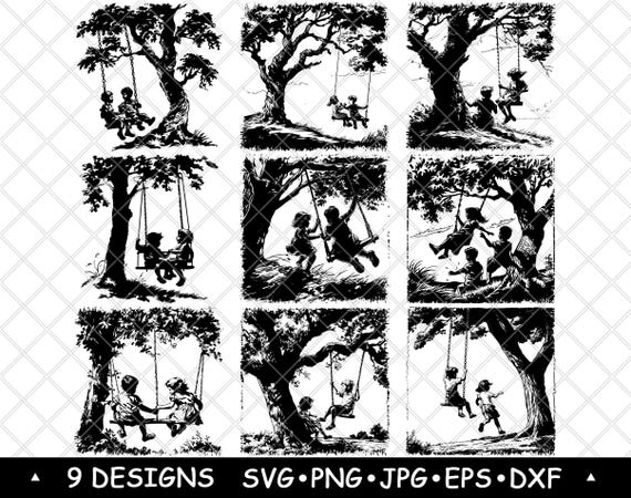 Kids on Swing Clipart Children Swinging Silhouette Playground Tree Play Scene for Stickers Cricut Engraving