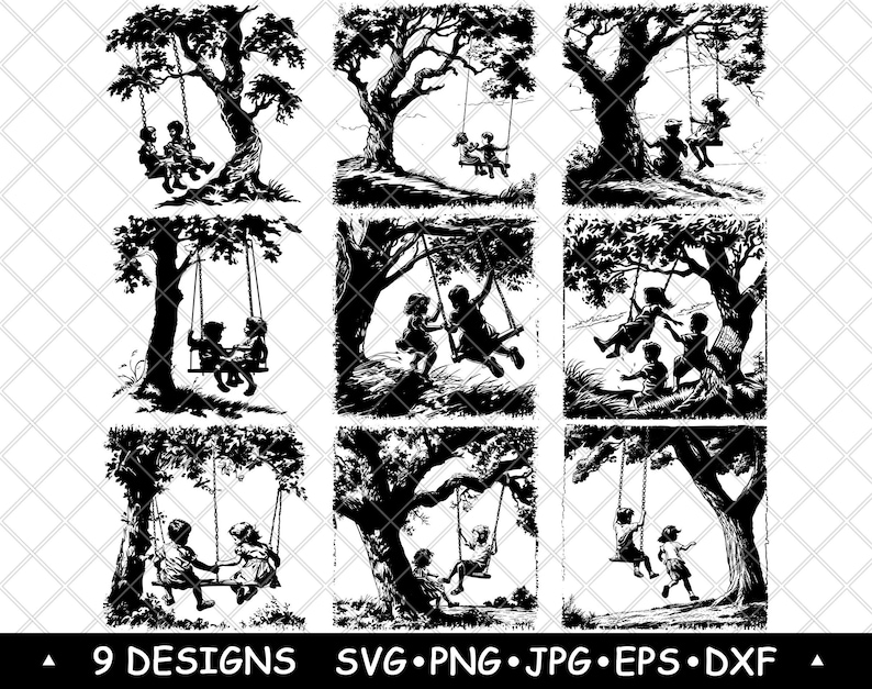 May include: Nine black and white silhouette designs of children on swings. Each design features a tree with two children swinging on a rope swing.