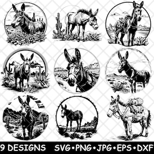 Donkey Mule Burro Ass Mini Esel Desert Ranch Farm West laserbestand SVG PNG JPG grijswaarden afbeelding branden gesneden vector Coaster zwart wit CNC hout