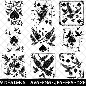 Asso di picche Simbolo Stormo Uccelli Volare Gioco di carte File laser SVG PNG JPG Scala di grigi Immagine bruciata Taglio Vettore Sottobicchiere Nero Bianco Legno CNC