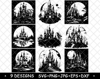 Gothic Castle SVG Bundle Moonlit Fantasy Fortress Clipart Dark Fairytale Vector Files Laser Engraving