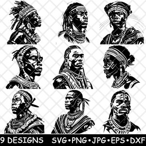 Indigener Afrikaner Mann Ureinwohner Stammes schwarz männlich Afro Ethnische Laser-Datei SVG PNG JPG Graustufen Brennen Bild geschnitten Vektor-Untersetzer weißes Cnc-Holz