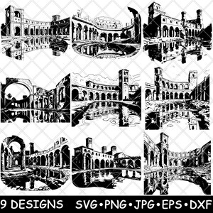 May include: Nine black and white vector illustrations of an arched building with a reflecting pool in front. The building has columns and a rounded roof. The illustrations are in different perspectives.