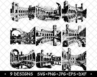 Puede incluir: Nueve ilustraciones vectoriales en blanco y negro de un edificio arqueado con una piscina reflectante en frente. El edificio tiene columnas y un techo redondeado. Las ilustraciones están en diferentes perspectivas.
