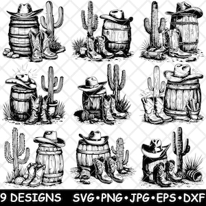 Cowboy-Stiefel Hut Fass Kaktus Wilder Westen Land Kultur Laser Datei SVG PNG JPG Graustufen Brennen Bild Schnitt Vektor Untersetzer Schwarz Weiß Cnc Holz
