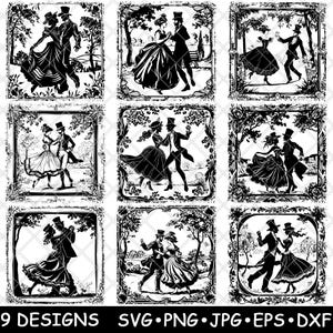 Couple dansant vintage tenue victorienne romane extérieur fichier laser SVG PNG JPG niveaux de gris gravure image coupe vecteur sous-bock noir blanc Cnc bois