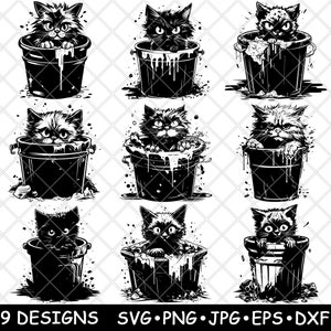 Contenedor de basura Gato Basurero Callejón de carroña Felino callejero Puede Archivo láser SVG PNG JPG Escala de grises Quemar imagen Cortar Vector Posavasos Negro Blanco Cnc Madera