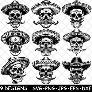 Schädel Sombrero Hut Schnurrbart Halloween Toten Mexikanischer Geist Laser Datei SVG PNG JPG Graustufen Brennen Bild Schnitt Vektor Untersetzer Schwarz Weiß Cnc Holz