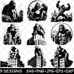 Gorilla gigante, re della città, primate, scimmia, attacco urbano, file laser SVG, PNG, JPG, scala di grigi, brucia l'immagine, taglio, vettore, sottobicchiere, nero, bianco, legno CNC