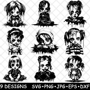 May include: Nine black and white illustrations of creepy dolls with dripping blood. Each doll has a different hairstyle and expression.