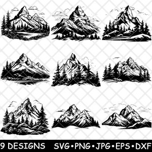 Mountain Landscape Alpine Peak Forest Pine Trees Nature Laser File SVG PNG JPG Grayscale Burn Image Cut Vector Coaster Black White Cnc Wood