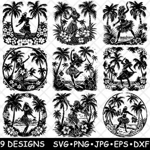 Hawaii huladanser palmboom bloem tropisch eiland sfeer laserbestand SVG PNG JPG grijswaarden afbeelding branden gesneden vector Coaster zwart wit CNC hout