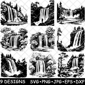 Falling Spring Falls Virginia waterval Cascade schilderachtige waterweg SVG, DXF, Eps, PNG, Cricut, silhouet, snede, laser, stencil, opstrijkbare, clipart, print