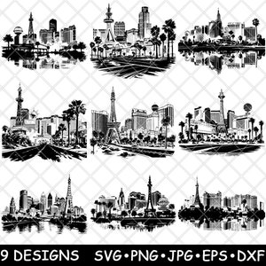 Las Vegas Skyline Casino Boulevard Vita notturna Sin City File laser SVG PNG JPG Scala di grigi Immagine bruciata Tagliata Vettore Sottobicchiere Nero Bianco Cnc Legno