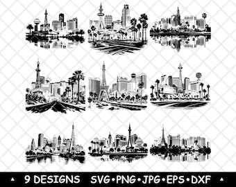 Las Vegas Skyline SVG Bundle Clipart Cityscape Czarno-biały Kasyno Strip Wektor Miejski Zabytek