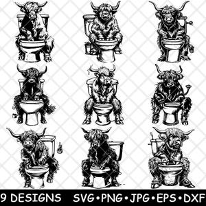 Grappige hooglandkoe zittend op toilet Shaggy Cattle Farm laserbestand SVG PNG JPG grijswaarden afbeelding branden gesneden vector Coaster zwart wit CNC hout
