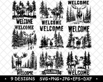 Moose Welcome Sign SVG Forest Wildlife Designs Rustic Cabin Clipart Laser Engraving Porch Decor