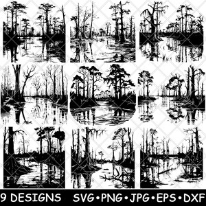 Puede incluir: Nueve diseños de silueta en blanco y negro de cipreses en un pantano con reflejos en el agua. Los árboles son altos y delgados con una forma distintiva. El agua está tranquila e inmóvil, reflejando los árboles y el cielo.