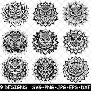 Uil hoofd bloem mandala ontwerp Wildlife geometrische bloemblaadje laserbestand SVG PNG JPG grijswaarden branden afbeelding gesneden vector Coaster zwart wit CNC hout
