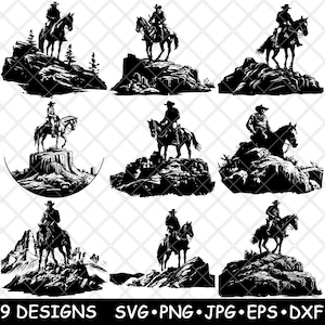 Cowboy Wrangler Gunslinger Vaquero Wild West Rocky Cliff Laser File SVG PNG JPG Graustufen Brennen Bild Schnitt Vektor Untersetzer Schwarz Weiß Cnc Holz