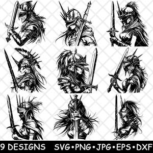 Casco de guerrera medieval con espada y caballero acorazado Archivo láser SVG PNG JPG Escala de grises Imagen quemada Recortada Vector Posavasos Negro Blanco Cnc Madera