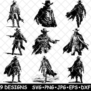 Western Cowboy Gunslinger Outlaw Wanted Bandit Duel PNG, SVG, EPS, Cricut, Silhouette, Coupe, Graver, Pochoir, Autocollant, Décalcomanie, Vectoriel, Images clipart
