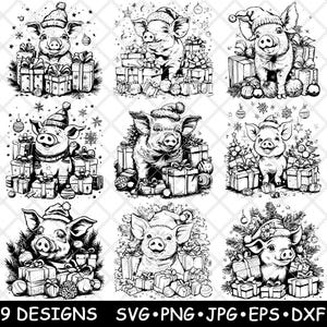 Cerdo festivo, sombrero navideño, regalos navideños, cerdo de temporada, archivo láser, SVG, PNG, JPG, escala de grises, imagen quemada, corte vectorial, posavasos, negro, blanco, CNC, madera