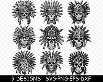 Ancien guerrier crâne aztèque, coiffe à plumes de l'armée, PNG, SVG, EPS-Cricut-Silhouette-Cut-Engrave-Stencil-Sticker, Decal, Vector, Clipart, Print