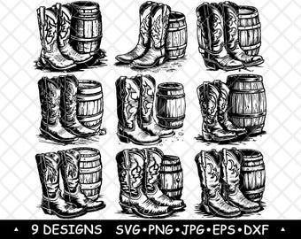 Cowboy Boots SVG Bundle Western Barrel Clipart Rustic Rodeo Vector Files Cricut Laser Engraving