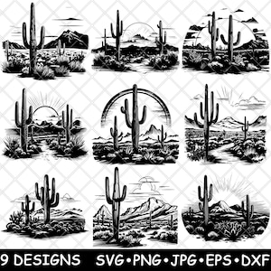 Saguaro Nationalpark Kaktus Wüste Berg Sonoran Art Laser Datei SVG PNG JPG Graustufen Brennen Bild Schnitt Untersetzer Schwarz Weiß Cnc Holz
