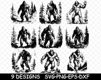 Bigfoot Sasquatch Forest Silhouette PNG SVG Cryptid Wilderness Set for Stickers, Cricut, Laser Engraving