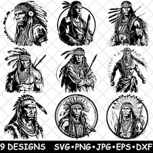 Puede incluir: Nueve diseños de silueta en blanco y negro de hombres nativos americanos con tocados tradicionales. Los diseños están en varias poses, incluyendo de pie, sentados y mirando hacia adelante.